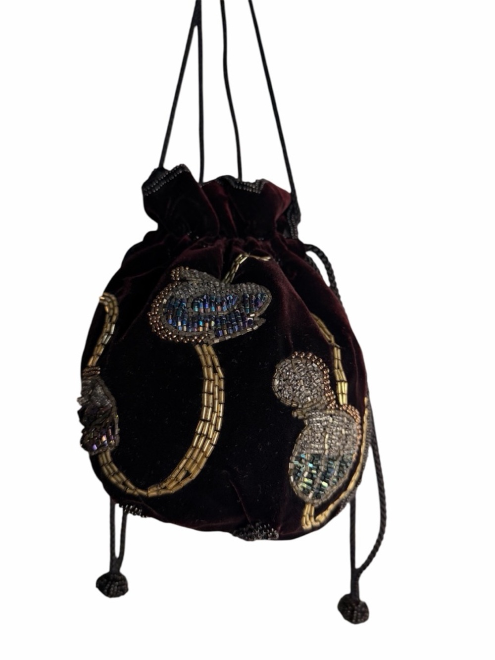 Vintage 1920s art Nouveau velvet beaded Embellished Drawstring evening Bag Black